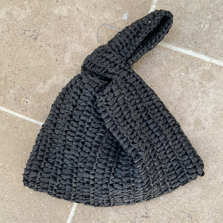 Knotentasche aus Raffia, gehäkelt - schwarz