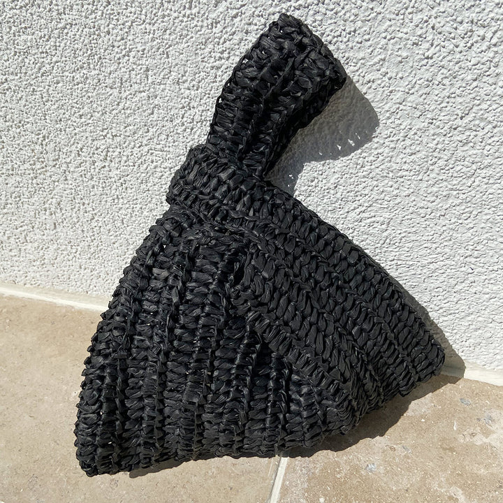 Knotentasche aus Raffia, gehäkelt - schwarz