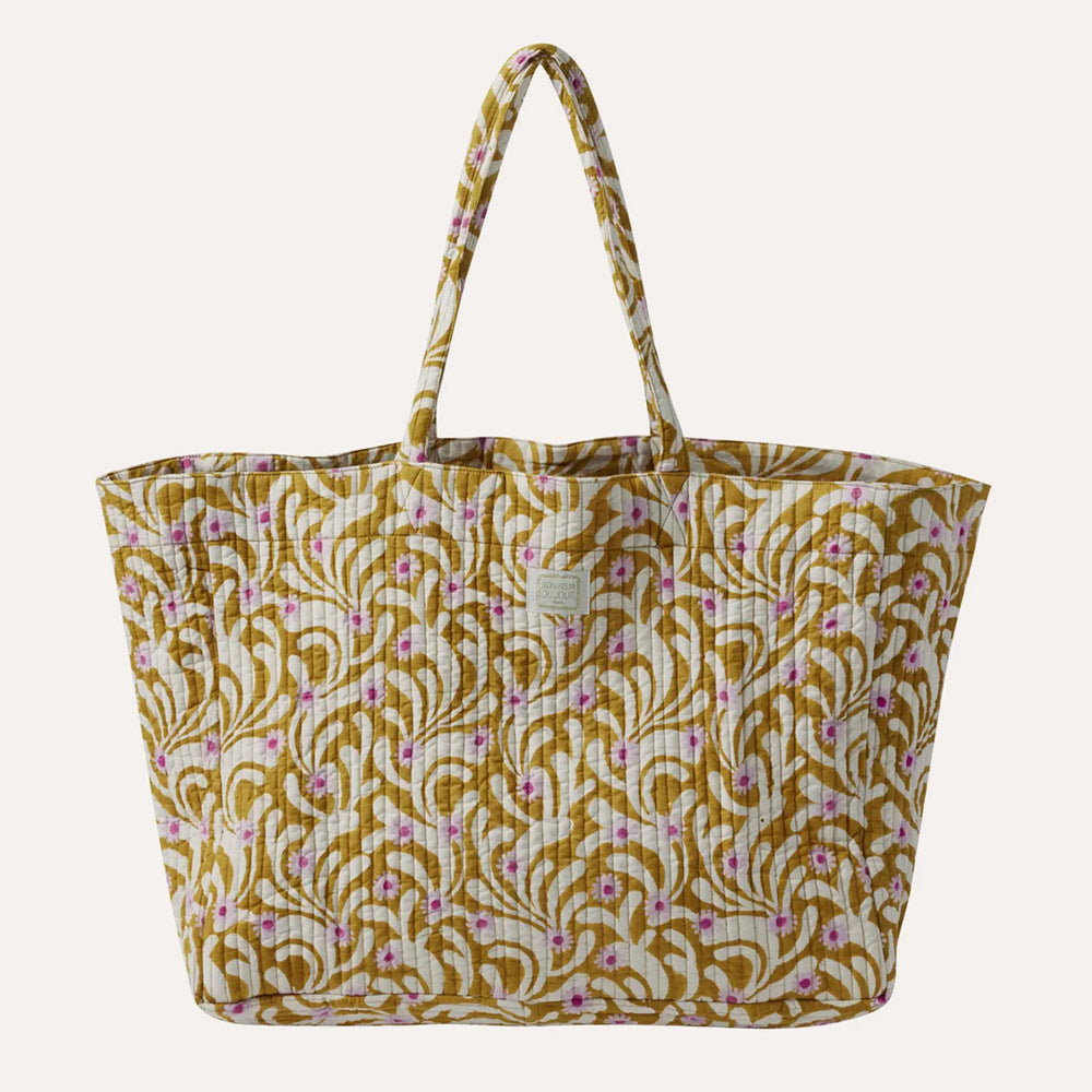 Große Tragetasche / Shopper mit Steppung und floralem Blockprint - 45 x 36 cm - Poppies Olive