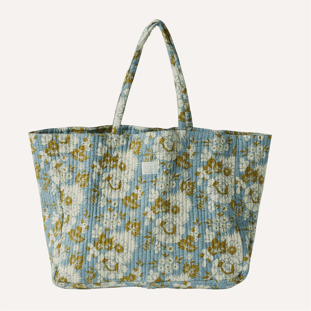 Große Tragetasche / Shopper mit Steppung und floralem Blockprint - 45 x 36 cm - Vishnu blau