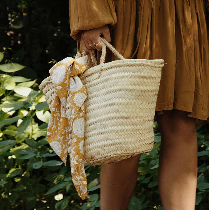 Bandana mit floralem Blockprint - 70 x 70 cm - mustard
