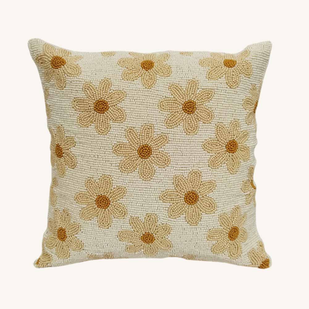 Kissenhülle mit Perlenstickerei - Daisy Blumen cream