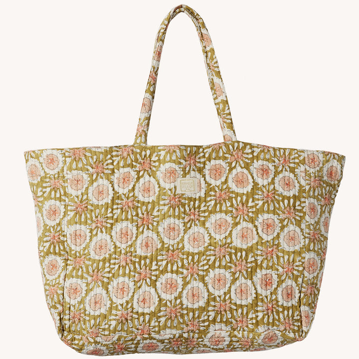 Große Tragetasche / Shopper mit Steppung und floralem Blockprint - 45 x 36 cm - Margotte Olive