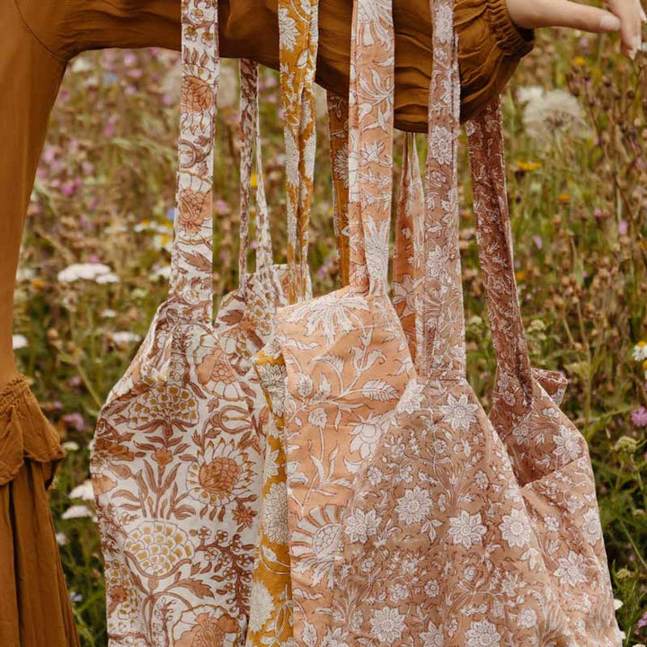 Stofftragetasche mit floralem Blockprint - 55 x 40 cm - blush