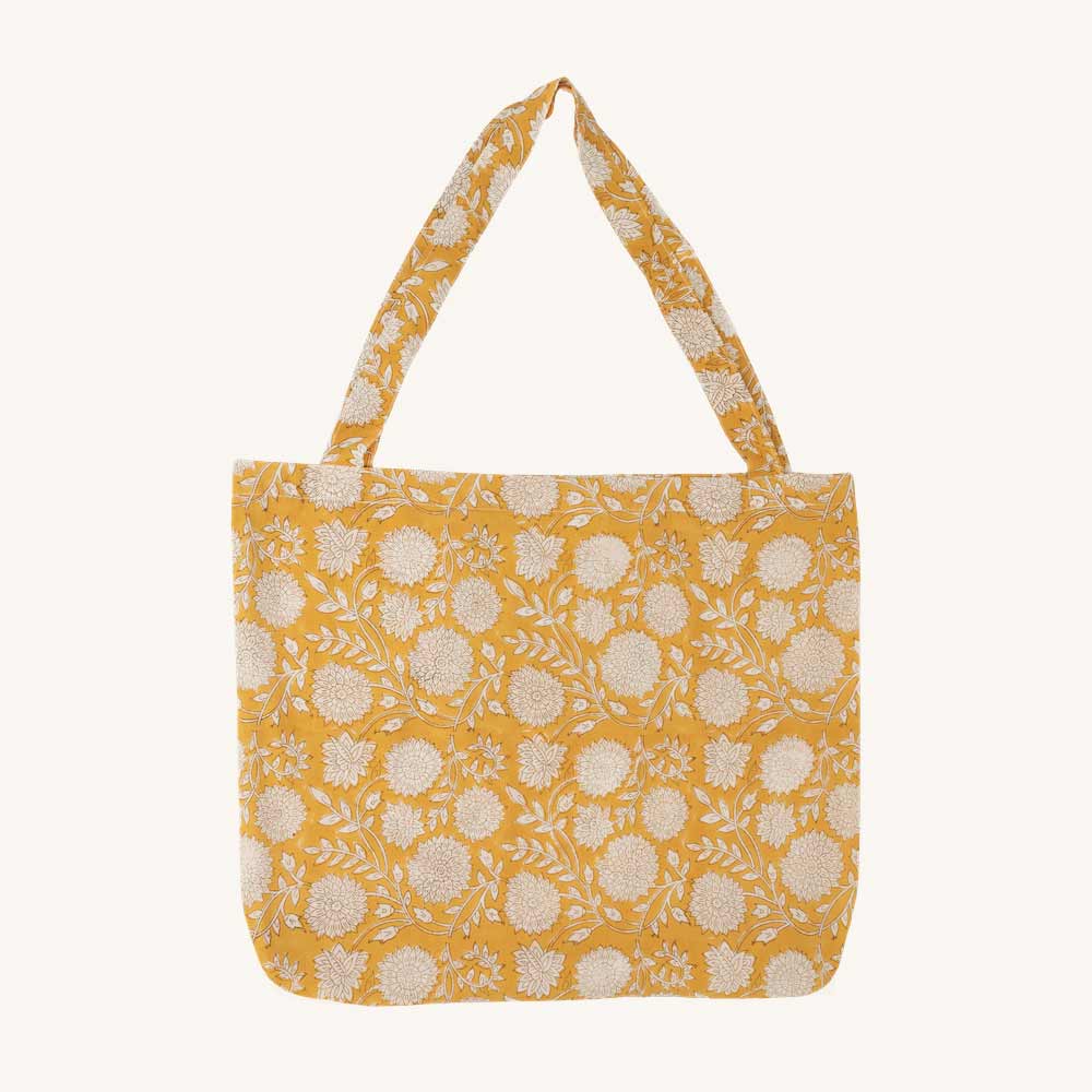 Stofftragetasche mit floralem Blockprint - 55 x 40 cm - mustard