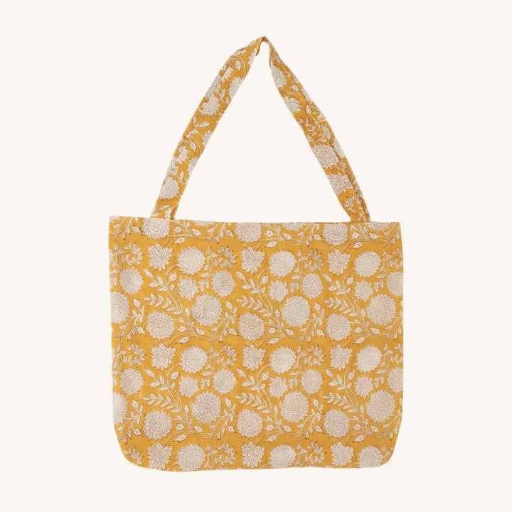 Stofftragetasche mit floralem Blockprint - 55 x 40 cm - mustard