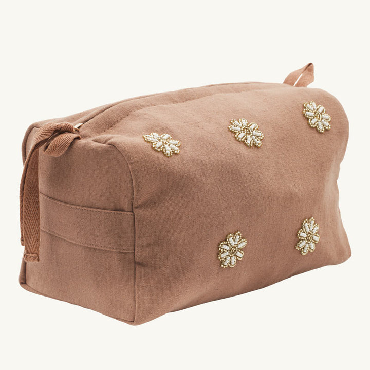 Kosmetiktasche bestickt mit Blüten aus Glasperlen - altrosa