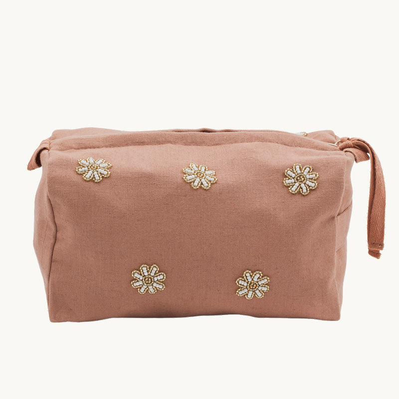 Kosmetiktasche bestickt mit Blüten aus Glasperlen - altrosa