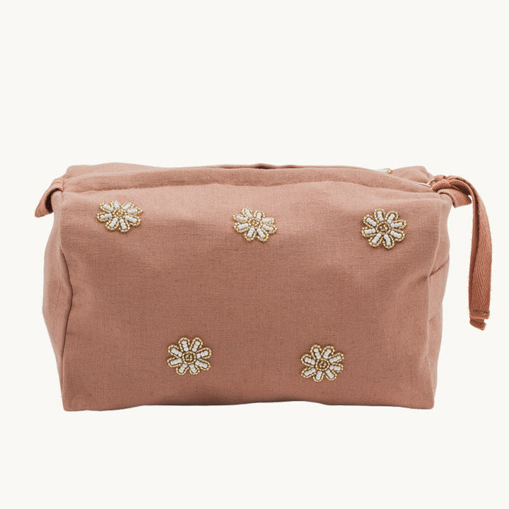 Kosmetiktasche bestickt mit Blüten aus Glasperlen - altrosa